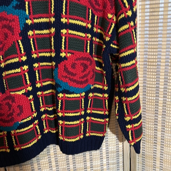 Vintage 1990s Black Chunky Knit Cardigan Square Large Floral Print Roses No Tags - Picture 16 of 16